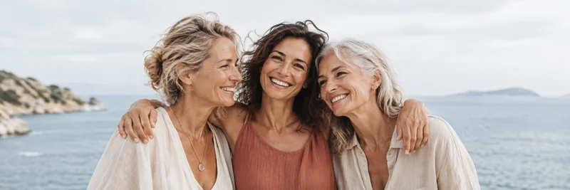 Tre donne sorridenti insieme sul mare