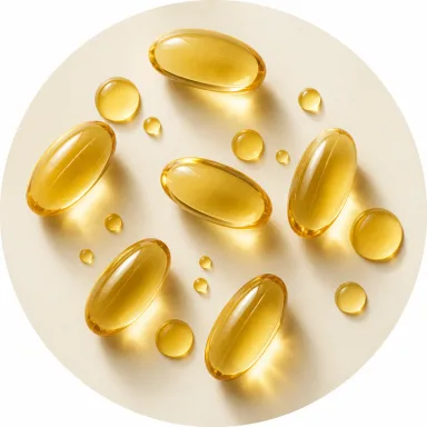 Capsule softgel dorate e gocce di olio di pesce puro