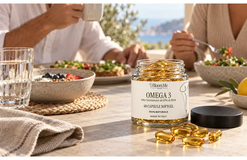 Donna con Omega 3 durante la sua routine quotidiana