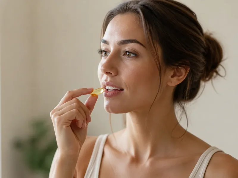 Giovane donna che assume una softgel di Omega 3