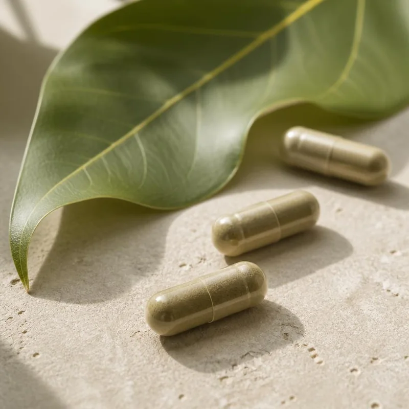 Capsule naturali accanto a una foglia verde